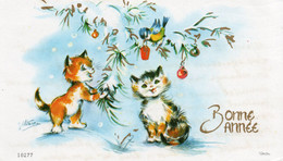 Carte, BONNE ANNEE,chat,cat,guirlande,oiseau - Cats