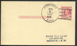 HAWAI -  ENTIER POSTAL 2c. ROUGE O.M. ULUPALAKUA LE 6/4/1957 POUR USA - TB & R - Hawaï