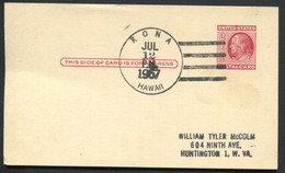HAWAI -  ENTIER POSTAL 2c. ROUGE O.M. KONA LE 12/7/1957 POUR USA - TB & R - Hawaï