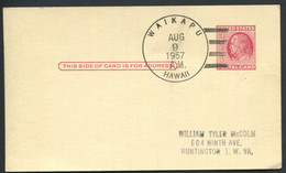 HAWAI -  ENTIER POSTAL 2c. ROUGE O.M. WAIKAPU LE 9/8/1957 POUR USA - TB & R - Hawaï