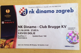 Football Soccer NK DINAMO ZAGREB Vs CLUB BRUGGE KV EUROPA LEAGUE Match Ticket 21. 10. 2010. - Match Tickets