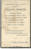 Souvenir Mortuaire De JOSEPH SIMON - COMBLAIN-AU-PONT 1923 - LIMBURG-COBLENCE- DACHAU 03/1945 - WWII - GUERRE 40-45 - Devotieprenten
