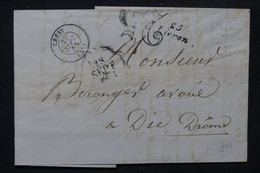 FRANCE - Cursive De Livron + Cachet à Date De Crest Sur Lettre Pour Die En 1853 Avec Taxe 25  - L 109389 - 1849-1876: Klassik