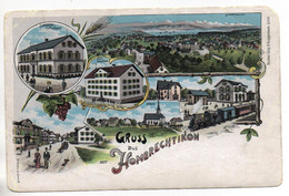 LITHO Gruss Aus HOMBRECHTIKON Sekundar-Schulhaus Prim. Schulhaus Dorfstrasse Kirche Bahnhof Bahn Guggenheim No. 5977 - Dorf