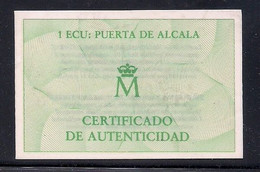 ESPAÑA 1992 - CERTIFICADO PARA LA MONEDA DE 1 ECU DE PLATA DEL AÑO 1992 - PUERTA DE ALCALA - Autres & Non Classés