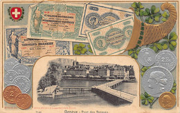 GENÈVE - Monnaies Billets De Banque - Pont Des Bergues - Carte Gaufrée - Ed. Guggenheim 7140 - GE Geneva