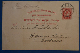 AE 7  NORWAY   BELLE  CARTE ENTIER RR 1895 BERGEN  POUR   BORDEAUX VIA NEW CASTLE  + + AFFRANCH. INTERESSANT - Covers & Documents