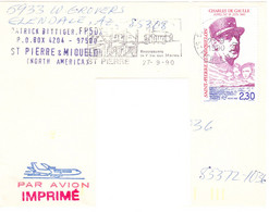 Général De Gaulle, Sur Devant D'enveloppe De Saint-Pierre à Sun City (USA) (1990) - Covers & Documents