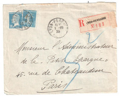 LYON PERRACHE Lettre Recommandée 75c Pasteur Bleu 30c Semeuse Camée Bleu Yv 177 192 Ob 1925 Dest Paris - 1921-1960: Moderne