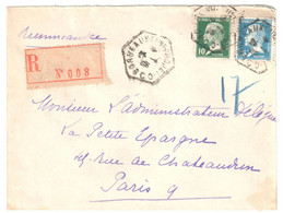LYON PERRACHE Lettre Recommandée 75c Pasteur Bleu 30c Semeuse Camée Bleu Yv 177 192 Ob 1925 Dest Paris - 1921-1960: Moderne