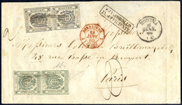 Cover 1860, Lettera Da Modena Il 16.1. Per Parigi (Francia) Affrancata Bicolore Per 50 C. Con Coppia Verticale Del 5 C.  - Modena