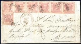 Cover 1858, 1 Gr. Rosa Carminio, II Tavola, Striscia Di Sei Più Singolo Su Lettera Da Bovino 31.10.1860 Via Civitavecchi - Napoli