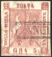 O 1858, 5 Gr. Rosa Brunastro Con Quadrupla Incisione, Completa E Nitida, Usato, Sass. 8 E - Naples