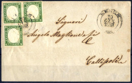 Cover 1863, Lettera Da Lecce Il 20.1 Per Gallipoli Affrancata Con IV Di Sardegna Tre 5 C. Verde, Sass. 13 - Naples