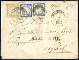 Cover 1862, Lettera Assicurata Da Massafra Il 12.1 Per Napoli Affrancata Con Due 2 Gr. E 10 Gr. Ocra, Firmata E Diena, S - Naples