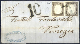 Cover 1860, Lettera Da Desenzano (Punti 6) Il 9.2 Per Venezia Affrancata Con Due 10 C. Bruno Olivastro Scuro IV Di Sarde - Sardinia