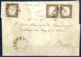 Cover 1862, Lettera Da Mistretta (Punti 5) Il 14.4 Per Palermo Affrancata Con Coppia + Uno Del 10 C. Bruno Cioccolato Ch - Sardinia