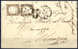 Cover 1862, Lettera Da Bologna Il 6.1 Per Venezia Affrancata Con Coppia Verticale 10 C. Bruno Grigio Olivastro IV Di Sar - Sardegna