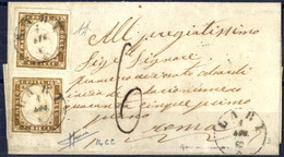 Cover 1862, Lettera Da Lari Il 1.7 Per Roma Affrancata Con Due 10 C. Bruno Olivastro IV Di Sardegna, Tassata In Arrivo C - Sardinia