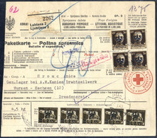 Cover 1945, Paketkarte Des Roten Kreuzes Aus Laibach Nach Wurzen (Sachsen), Frankiert Durch Viererstreifen + 1 Der 2,55  - Occupation 1938-45