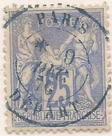 25c Sage Type N/U Obl. PARIS Départ Bleu étoile En Levée TB - 1876-1878 Sage (Type I)