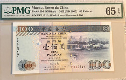 2003 BANCO DA CHINA / BANK OF CHINA 100 PATACAS PICK#104 PMG65EPQ, FK PREFIX - Macao