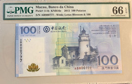 2008 BANCO DA CHINA / BANK OF CHINA 100 PATACAS PICK#111a* PMG67EPQ, AB 800777 LUCKY SEVEN - Macao