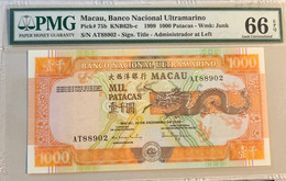 1999 BANCO NACIONAL ULTRAMARINO BNU 1000 PATACAS PICK#75b PMG66EPQ, GOLDEN DRAGON - Macao