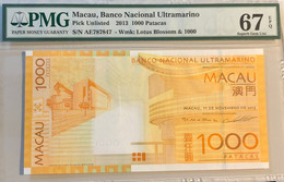 2013 BANCO NACIONAL ULTRAMARINO BNU 1000 PATACAS PICK#UNLISTED PMG67EPQ, GOLDEN NOTE - Macau