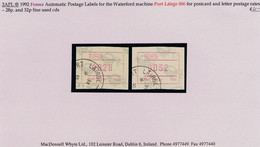 Ireland 1992 Frama Automatic Postage Labels For Waterford 006 Machine 28p Postcard Rate And 32p Letter Rate Fine Used - Franking Labels