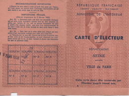 Carte D'Electeur/RF/Ministère De L'Intérieur/SEINE/ Ville De PARIS/Gournay/Rue Chaptal/1958 ELEC42 - Andere & Zonder Classificatie