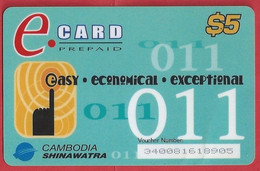 KH.- CAMBODJA. CAMBODIA. SHINAWATRA. E. CARD PREPAID. TELEPHONE CARD $5. USED. 011 EASY. ECONOMICAL. EXCEPTIONAL - Cambodge