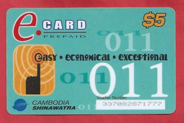 KH.- CAMBODJA. CAMBODIA. SHINAWATRA. E. CARD PREPAID. TELEPHONE CARD $5. USED. 011 EASY. ECONOMICAL. EXCEPTIONAL - Kambodscha
