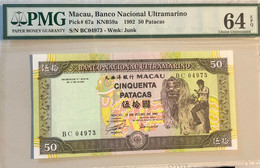 1992 BANCO NACIONAL ULTRAMARINO BNU 50 PATACAS PICK#72a PMG64PMG, BC PREFIX - - Macao