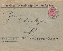 Deutsches Reich KÖNIGLICHE GEWERBEINSPEKTION ZU LINDEN, HANNOVER 1903 Cover Brief LAUENSTEIN 20 Pf. Frei Durch Ablösung - Service