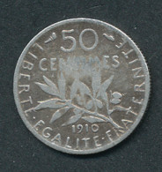 50 Centimes Semeuse De 1910, En Argent. - 50 Centimes