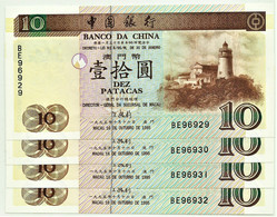 MACAU -  4 X 10 Patacas - 16.10.1995 - Pick 90 - Unc. - Serie BE - Banco Da China Lighthouse Macao PORTUGAL - Macao