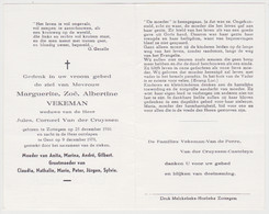 Doodsprentje Marguerite Zoë Albertine Vekeman. °Zottegem, +Gent. Wed. Van Der Cruyssen. - Obituary Notices