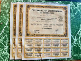 PAPETERIES  Et. CARTONNERIES  Du  MOULIN - PICON --------  Lot  De  3  Actions  De  500 Frs - Industrie