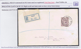 Ireland 1922-23 Wmk SE 9d Arms, Used On Registered First Day Cover Dublin Cds 26 OC 23, Slight Scuff And Small Stain - Storia Postale