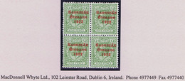 Ireland 1922-23 Thom Saorstat 3-line Ovpt On 9d Green, Clear "Offset On Reverse", Block Of 4 Fresh Mint - Nuevos