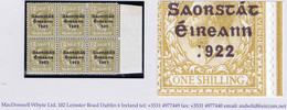 Ireland 1922-23 Thom Saorstat 3-line Ovpt On 1s Bistre Brown, Var "Broken 1 Of 1922" In A Marginal Block Of 6 Fresh Mint - Unused Stamps