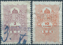 Hungary 1934 Revenue Stamps Fiscal Tax,2 & 10 Filler,Obliterated - Fiscaux