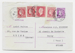 ENTIER MAZELIN 1FR50 CP + 1FRX3 2 TEINTES + 1FR50 DULAC REIMS 30.3.1946 POUR SUISSE AU TARIF - 1945-47 Ceres Of Mazelin