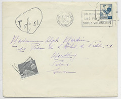 COQ 40C SEUL  USAGE TARDIF LETTRE COVE R MONTPELLIER 28.12.1956 POUR HELVETIA SUISSE TAXE 50C GRIS - 1944 Hahn Und Marianne D'Alger