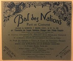 Ticket D'entrée Bal Des Nations 1931 Ass Engagés Volontaires Etrangers Armée Française Président Doumergue Orphelins - Tickets D'entrée