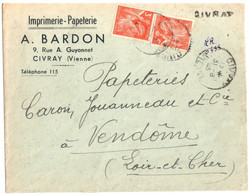 CIVRAY Vienne Lettre Recommandée Entête Bardon Marque Provisoire Tampon 3F Iris Vermillon (1 Défaut) Ob 31 8 1945 Yv 655 - 1921-1960: Période Moderne