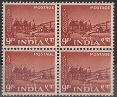 INDIA 1955  Five Year Plan (2nd Definitive Serie)  9 Ps Power Lifting Of Water, Bloc Of 4,  MNH (**) (Never Hinged) - Unused Stamps