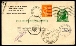 UX27 Postal Card Used New York NY To INDIA 1944 BRITISH & US CENSOR - 1921-40