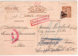 49760 - Frankreich - 1941 - 90c. GA-Kte. LYON -> Otterswiller, M.dt. Zensurstpl., Nachges. -> Strassburg, M. Nachporto - Covers & Documents